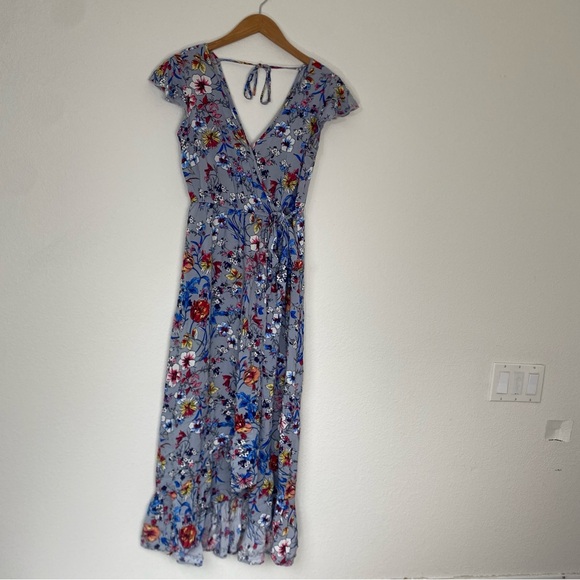BOG Collective Blue Floral Flutter Faux Wrap Midi Dress Size XS Cottagecore - Picture 1 of 14
